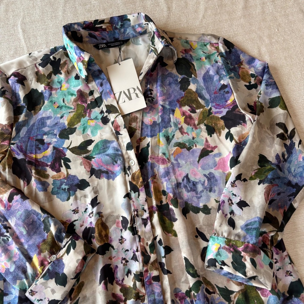 Zara Womens Floral Print Satin Button Up Shirt Blouse Multicolor XS 8492/120/069